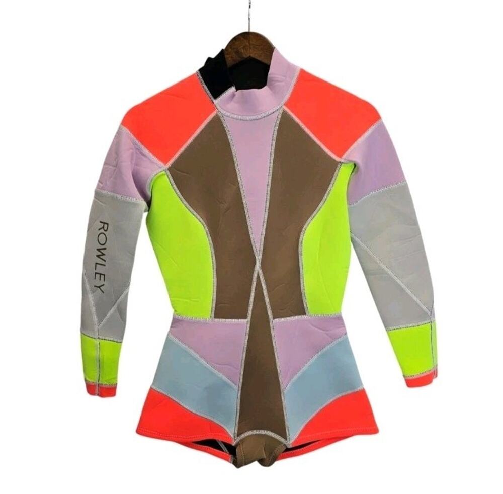 Cynthia Rowley Color Block Patchwork Wetsuit L Surf Shorty One Piece Swimsuit